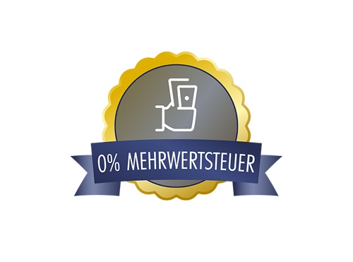Abzeichen mit Solaranlagen-Symbol und Schriftzug „0% Mehrwertsteuer“ auf blauem Banner, goldener Rand.